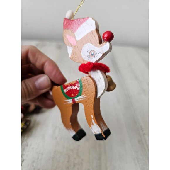 Wooden vintage Rudolph reindeer deer ornament set plush Noel Xmas tree both orna - Picture 7 of 10